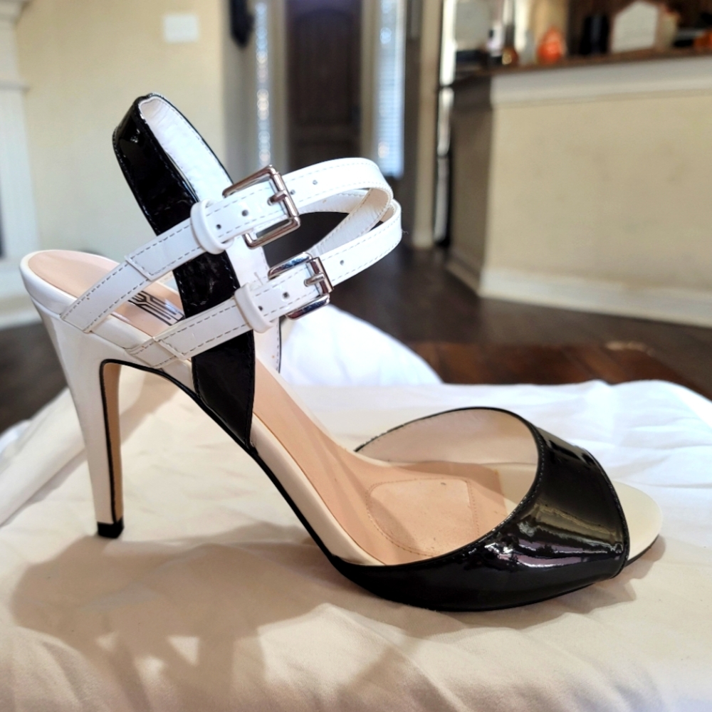 Black and white strappy heels